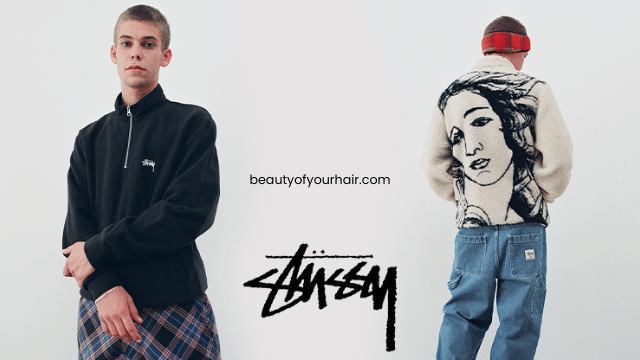 A collection of Stussy apparel, including t-shirts, hoodies, and accessories, representing the brand's iconic streetwear style.